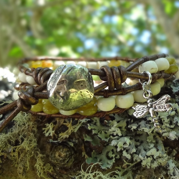 Double Wrap Leather Bracelet w/sterling Silver Dragonfly Charm. Green Serpentine - Picture 5 of 8